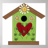 Green Birdhouse met hart en madeliefjes Poster (Voorkant)