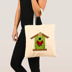 Green Birdhouse met hart en madeliefjes Tote Bag