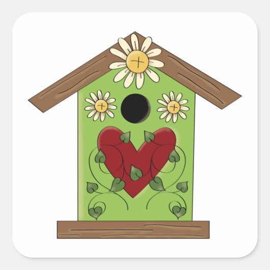 Green Birdhouse met hart en madeliefjes Vierkante Sticker (Voorkant)