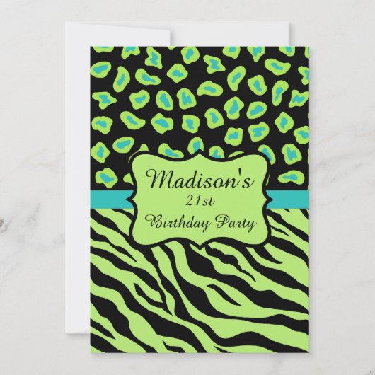 Green Blac Zebra Leopard 21st Birthday Invitation Kaart (Voorkant)