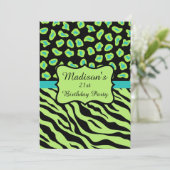 Green Blac Zebra Leopard 21st Birthday Invitation Kaart (Staand voorkant)