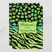 Green Blac Zebra Leopard 21st Birthday Invitation Kaart (Voorkant / Achterkant)
