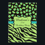 Green Blac Zebra Leopard 21st Birthday Invitation Kaart<br><div class="desc">Pas deze verfijnde uitnodiging aan voor een 21e verjaardagsfeestje of andere gebeurtenis. Het ontwerp is voorzien van kalkgroene en zwarte zebrastrepen en luipaard- of cheetaskins gecombineerd voor een dramatisch trendy en modern design. Een kalkgroen embleem dat in zwart op een turquoise blauwgroen blauwe bar wordt geschetst en een gebied van...</div>