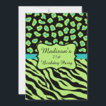 Green Blac Zebra Leopard 21st Birthday Invitation Kaart<br><div class="desc">Pas deze verfijnde uitnodiging aan voor een 21e verjaardagsfeestje of andere gebeurtenis. Het ontwerp is voorzien van kalkgroene en zwarte zebrastrepen en luipaard- of cheetaskins gecombineerd voor een dramatisch trendy en modern design. Een kalkgroen embleem dat in zwart op een turquoise blauwgroen blauwe bar wordt geschetst en een gebied van...</div>