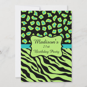 Green Blac Zebra Leopard 21st Birthday Invitation Kaart
