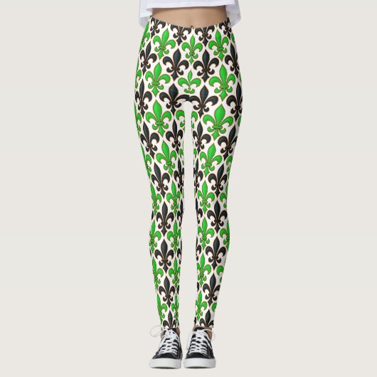 Green Black Baroque Fleur-de-lis Pattern Design Leggings (Voorkant)