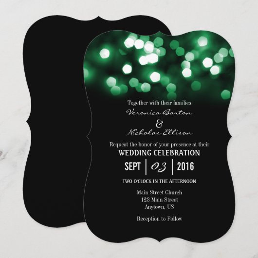 Green Black Bokeh Glitter Lights Wedding Invites Kaart (Voorkant / Achterkant)