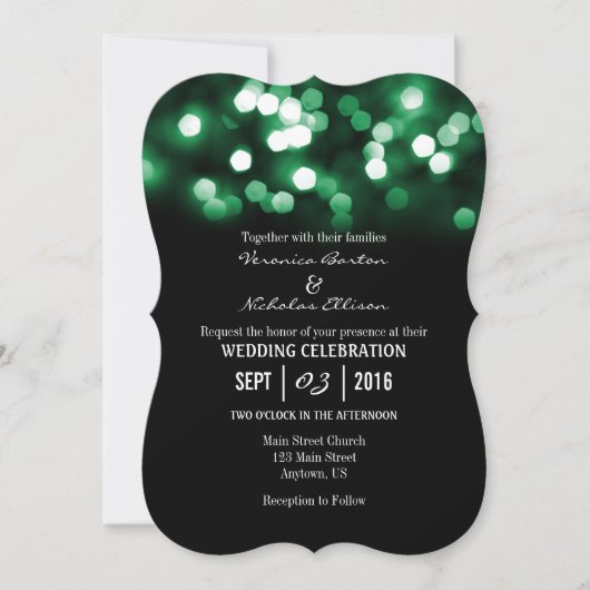 Green Black Bokeh Glitter Lights Wedding Invites Kaart (Voorkant)