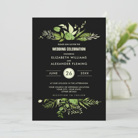 Green Black Botanical Waterverf Wedding Kaart (Staand voorkant)