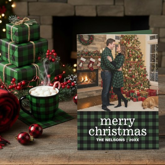 Green & Black Buffalo Plaid Merry Christmas Photo Feestdagen Kaart
