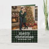 Green & Black Buffalo Plaid Merry Christmas Photo Feestdagen Kaart (Voorkant)