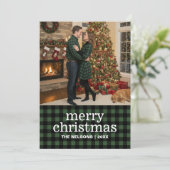 Green & Black Buffalo Plaid Merry Christmas Photo Feestdagenkaart (Staand voorkant)