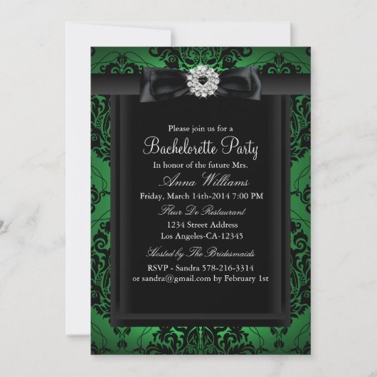 Green & Black Chic Damask Bachelorette Party Kaart (Voorkant)