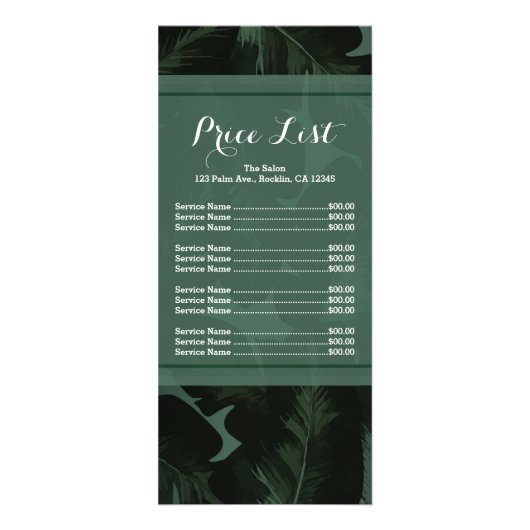 Green & Black Chic Tropische Bladeren Prijslijst M Reclamekaart (Voorkant)