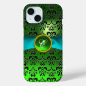 GREEN BLACK DAMASK GEM MONOGRAM Aqua Blue Ribbon Case-Mate iPhone Case (Achterkant)