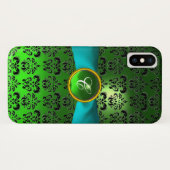 GREEN BLACK DAMASK GEM MONOGRAM Aqua Blue Ribbon Case-Mate iPhone Case (Achterkant (horizontaal))