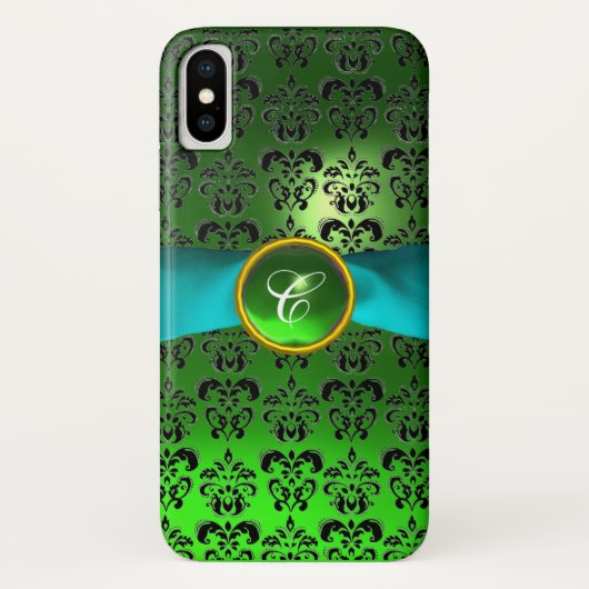 GREEN BLACK DAMASK GEM MONOGRAM Aqua Blue Ribbon Case-Mate iPhone Case (Achterkant)