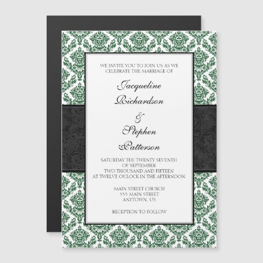 Green Black Damask Magnetic Wedding Invites Magnetische Uitnodiging (Voorkant / Achterkant)