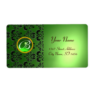 GREEN BLACK DAMASK MONOGRAM, emerald Etiket