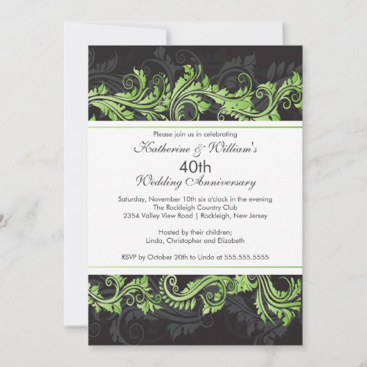 Green Black Damask Swirl Jubileum Invitation Kaart (Voorkant)