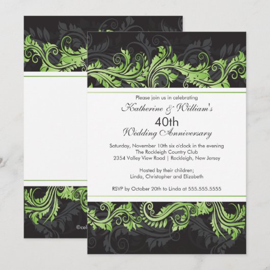 Green Black Damask Swirl Jubileum Invitation Kaart (Voorkant / Achterkant)