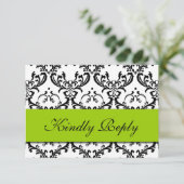 Green Black Damask Wedding RSVP Kaartje (Staand voorkant)