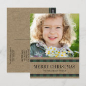 Green Black Gingham Kraft Merry-kerstfoto Briefkaart (Voorkant / Achterkant)