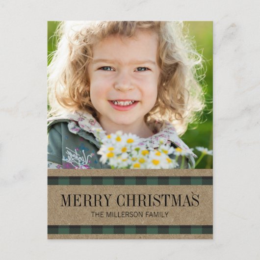Green Black Gingham Kraft Merry-kerstfoto Briefkaart (Voorkant)