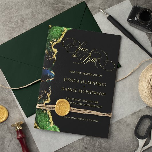 Green Black Gold Wedding Save the Date