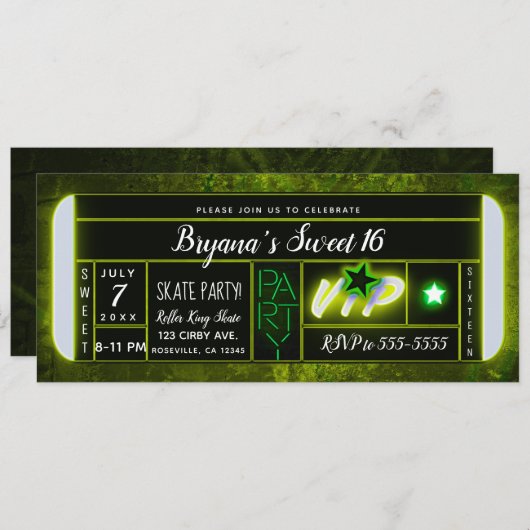 Green & Black Light Glow Birthday Party Ticket Kaart (Voorkant / Achterkant)