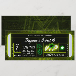 Green & Black Light Glow Birthday Party Ticket Kaart