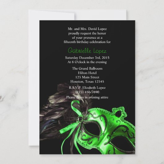 Green Black Masquerade Quinceanera Ball Invitation Kaart (Achterkant)