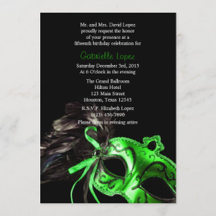 Green Black Masquerade Quinceanera Ball Invitation Kaart
