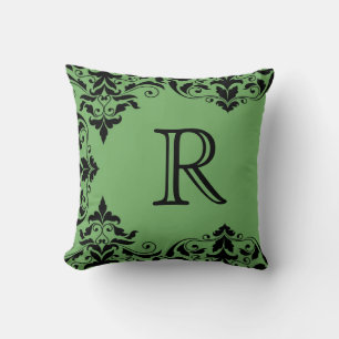 Green & Black Monogram Damask Pillow Kussen
