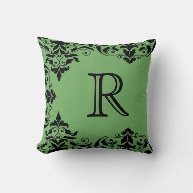 Green & Black Monogram Damask Pillow Kussen (Voorkant)