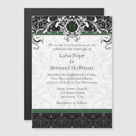 Green Black Monogram Magnetic Wedding Invitation Magnetische Uitnodiging (Voorkant / Achterkant)