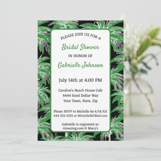 Green Black Palm Tree Modern Summer Shower Party Kaart (Staand voorkant)