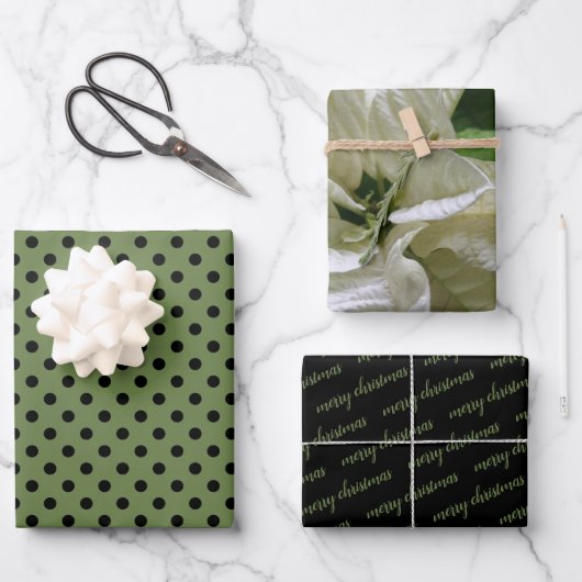 Green Black Polka Dot Poinsettia Merry Kerstry Inpakpapier Vel (Voorkant)