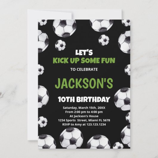 Green Black Soccer Birthday-uitnodigingen Kaart (Voorkant)