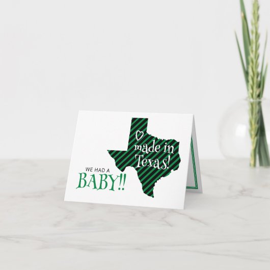 Green/Black Striped Made in Texas Photo Baby Aankondiging (Voorkant)