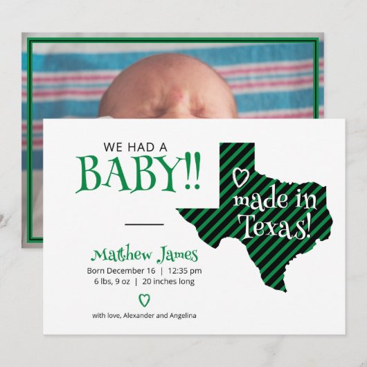 Green/Black Striped Made in Texas Photo Baby Aankondiging (Voorkant / Achterkant)