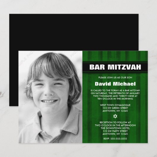 Green Black Stripes Photo Bar Mitzvah-uitnodiginge Kaart (Voorkant / Achterkant)