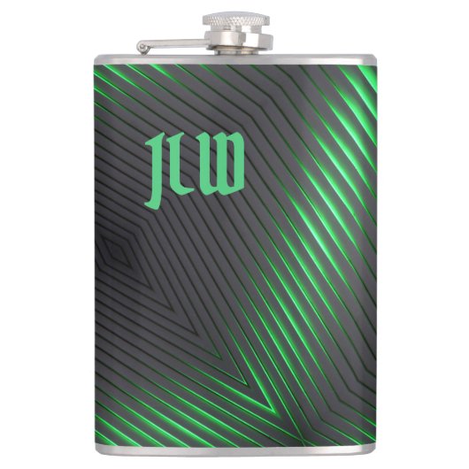 Green Black Stripes Techno Abstract met Initialen Heupfles (Voorkant)