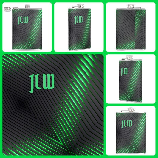 Green Black Stripes Techno Abstract met Initialen Heupfles