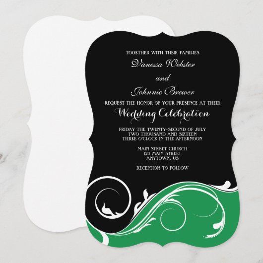 Green Black Swirl Bracket Wedding Invites Kaart (Voorkant / Achterkant)