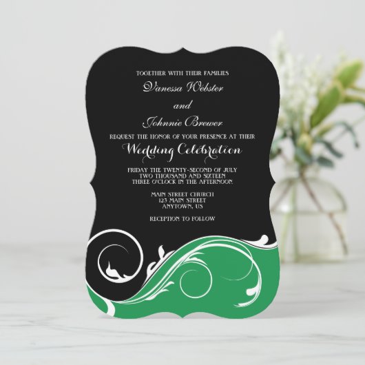 Green Black Swirl Bracket Wedding Invites Kaart (Staand voorkant)