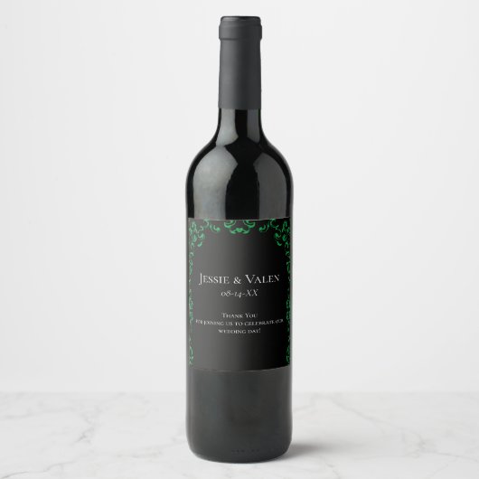 Green Black Swirl Wedding Wijn Etiket (Voorkant)