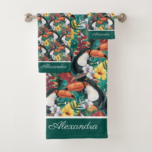 Green Black Toucan Monogram Tropical Flower Bad Handdoek (Insitu)
