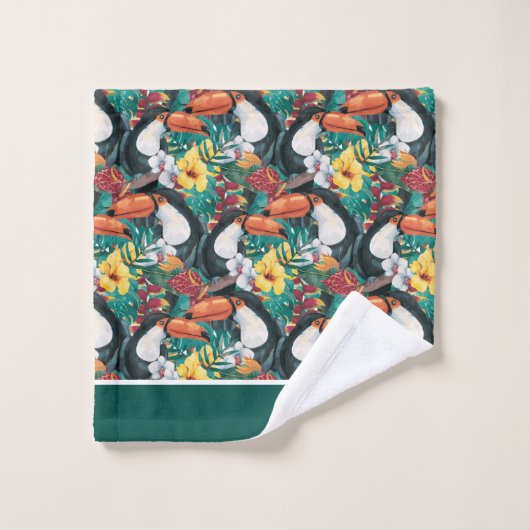 Green Black Toucan Monogram Tropical Flower Bad Handdoek (Wasdoekje)