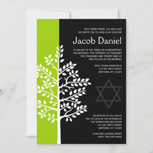 Green Black Tree of Life Bar Mitzvah-uitnodigingen Kaart (Voorkant)